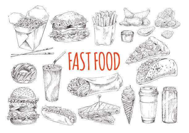 ilustraciones, imágenes clip art, dibujos animados e iconos de stock de cartel de monocromo promocional de comida rápida sabrosa - hamburger refreshment hot dog bun