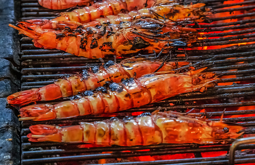 prawn or tiger shrimp cooking flaming grill Food Background