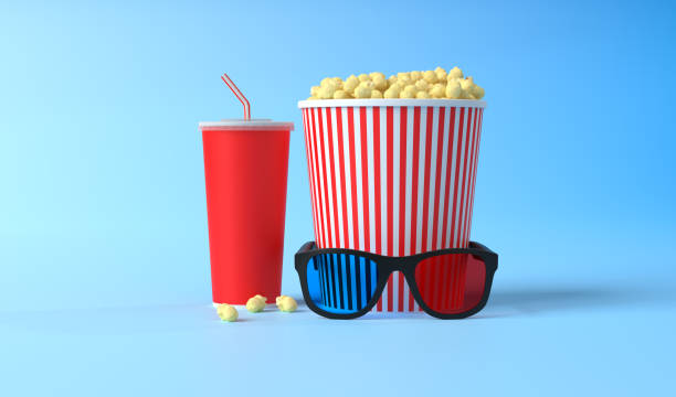 Popcorn, 3D glasses and disposable cups of red cola on a blue background. Minimalist creative concept. Cinema, movie, entertainment concept. 3d render illustration