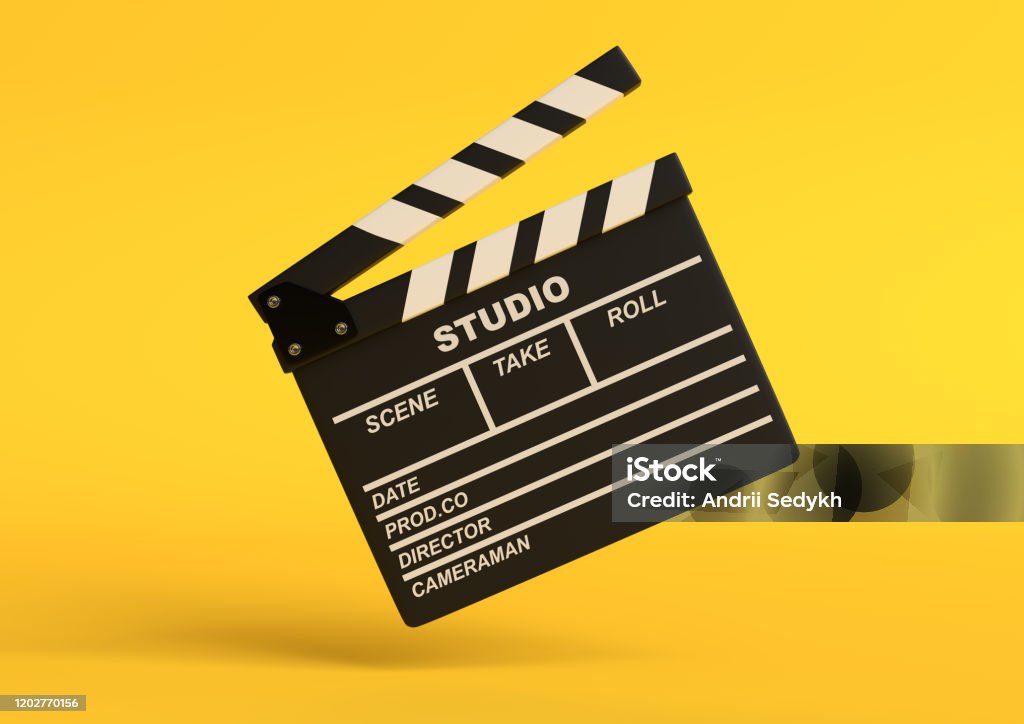Flying lapperboard isolated on bright yellow background in pastel colors Flying lapperboard isolated on bright yellow background in pastel colors. Minimalist creative concept. Cinema, movie, entertainment concept. 3d render illustration Film Slate Stock Photo