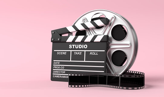 Film reel with clapperboard isolated on bright pink background in pastel colors. Minimalist creative concept. Cinema, movie, entertainment concept. 3d render illustration