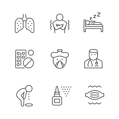 Set line icons of cold and flu isolated on white. Sputum in the lungs, chill, bed rest, drug or pill, runny nose, doctor, vomit, nasal spray, muscle aches. Vector illustration