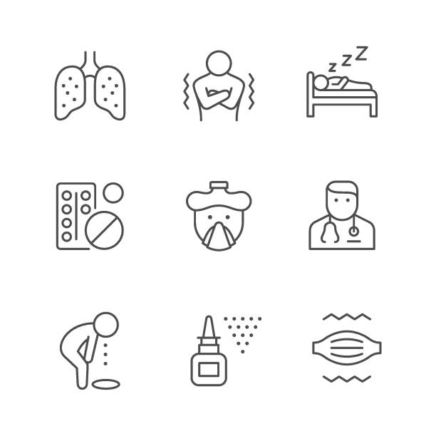 Set line icons of cold and flu Set line icons of cold and flu isolated on white. Sputum in the lungs, chill, bed rest, drug or pill, runny nose, doctor, vomit, nasal spray, muscle aches. Vector illustration retching stock illustrations