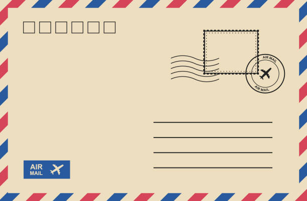 illustrations, cliparts, dessins animés et icônes de enveloppe de courrier d'air de cru avec le timbre-poste, carte postale. conception graphique vectorielle - air mail