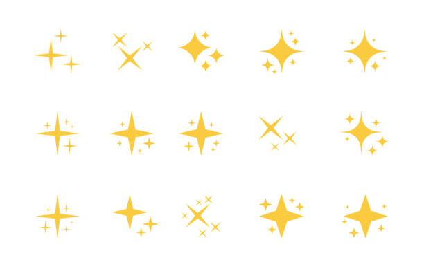 별의 슈퍼 세트는 아이콘을 반짝입니다. 밝은 불꽃, 장식 반짝임, 반짝이는 플래시. 빛나는 빛 효과 별과 버스트 컬렉션. 벡터 그래픽 디자인 - glitter stock illustrations