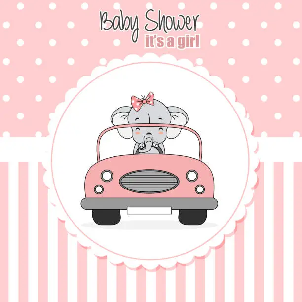 Vector illustration of baby girl shower card. Elephant driven a car