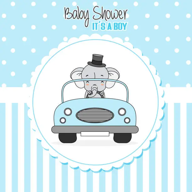 Vector illustration of baby boy shower card. Elephant driven a car