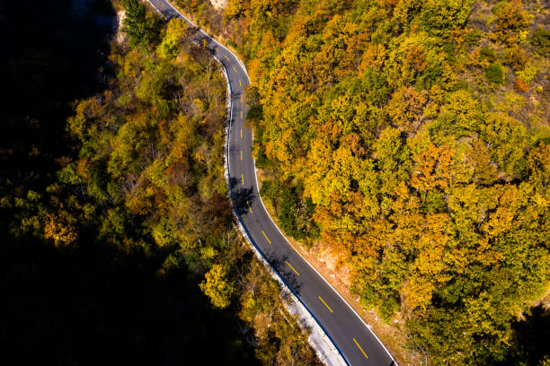 istock Aerial view of empty road going along mountain stream 1202777145