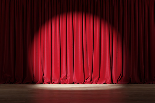 Red curtain or drapes in theater with colored lighting. 3d illustration.