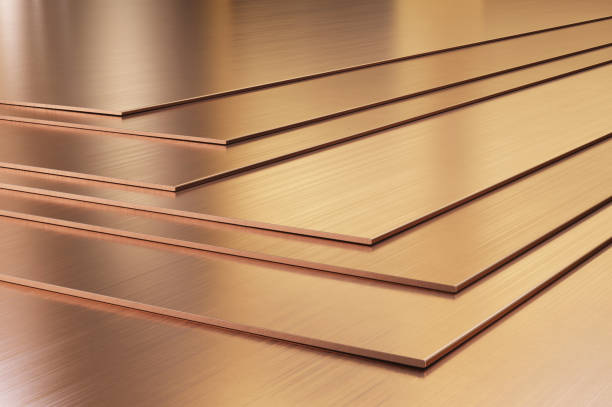 Copper sheets. Rolled metal products close-up
