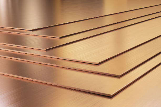 Copper sheets. Rolled metal products close-up Copper sheets. Rolled metal products close-up. 3d illustration. sheet metal stock pictures, royalty-free photos & images