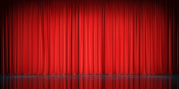 Theater stage with red velvet curtains. 3d illustration