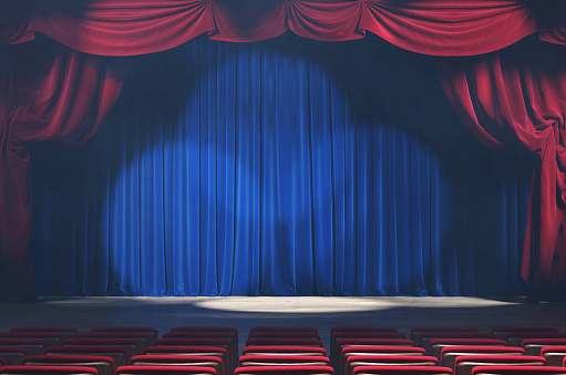 Theater stage with red velvet curtains with spotlights and smoke. 3d illustration