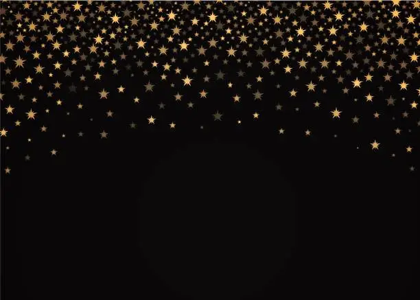 Vector illustration of Vector shining falling stars on black background. Luxury design. Border with falling golden star shaped confetti.