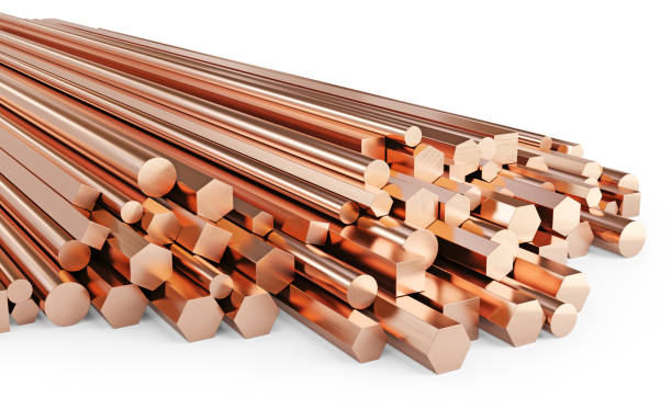 istock Copper rolled metal products. Stack of round, square, hexagonal rods 1202780124