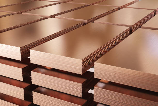 istock Warehouse of copper sheets. Rolled metal products. 1202780156