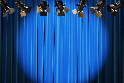 Blue curtains stage, theater background with spotlights. 3d illustration