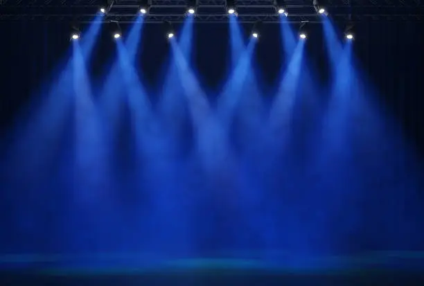 Stage light with colored spotlights and smoke. 3d illustration