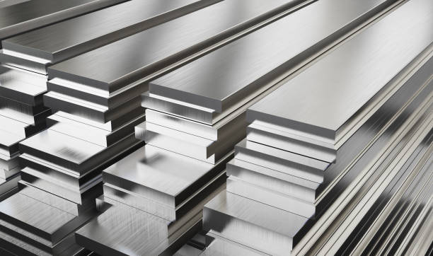 Warehouse of steel plates. Rolled metal products. stock photo