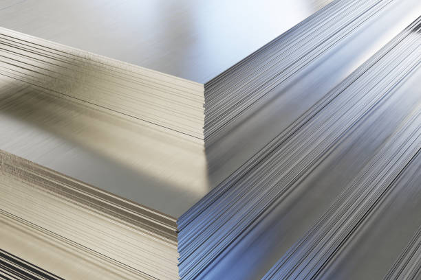 Steel or aluminum sheets in warehouse Steel or aluminum sheets in warehouse, rolled metal product. 3d illustration. sheet metal photos stock pictures, royalty-free photos & images