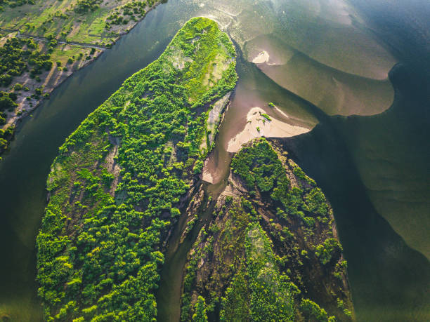 aerial view on the green islands of zambezi river aerial view on the river of lower zambezi area in Zambia carbon neutrality photos stock pictures, royalty-free photos & images