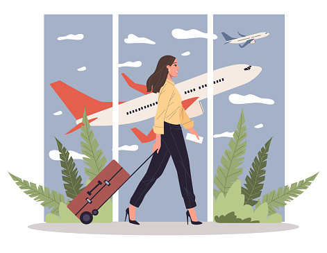 Woman travelling with luggage. Passenger wheeling suitcase through airport flat vector illustration. Tourist, traveler, vacation, trip concept for banner, website design or landing web page