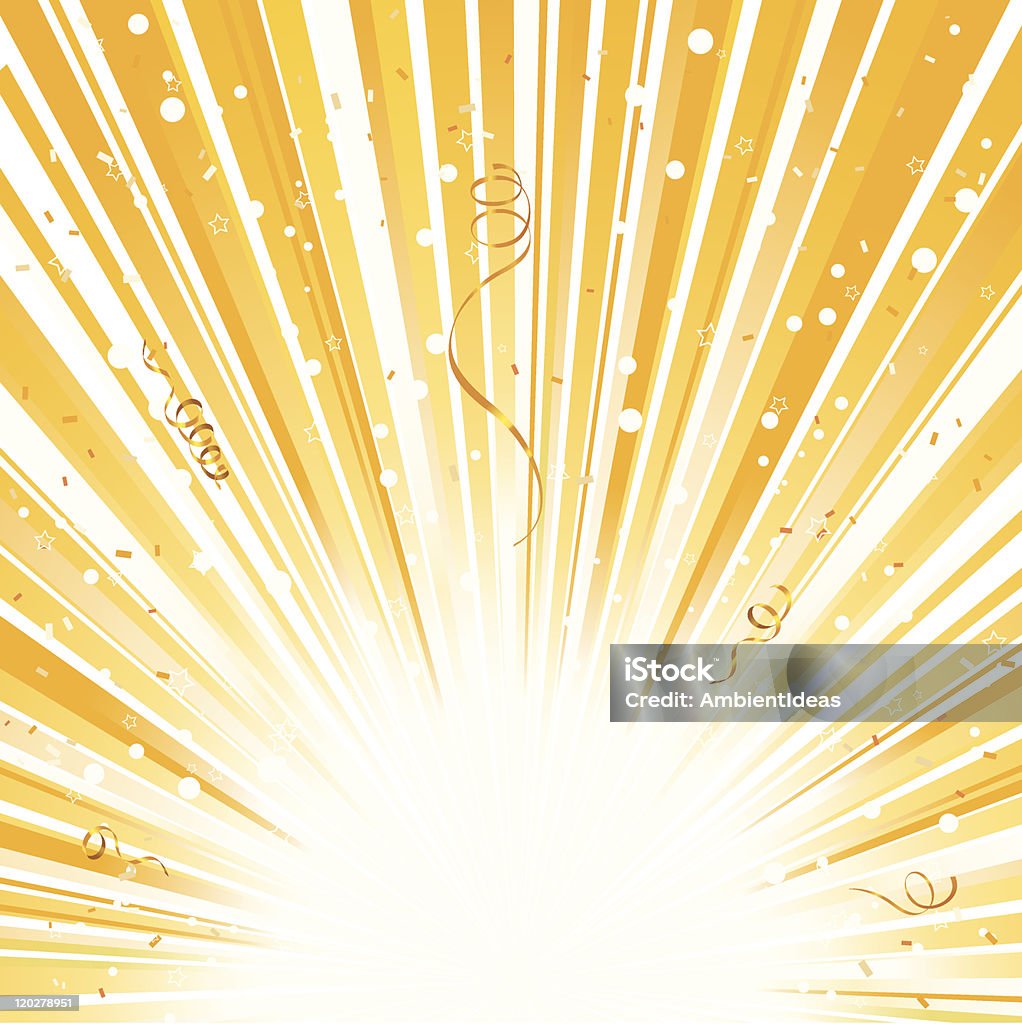 Explosion de lumière jaune d'or avec ruban et Confetti - clipart vectoriel de Confetti libre de droits