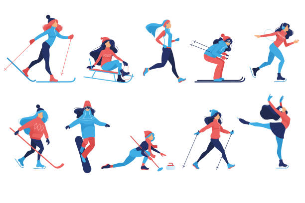Set of Winter sport and recreation illustrations. Girls doing ice skating, skiing, snowboarding, girl on sledge, Hockey, curling, skier, simple skater, outdoor snow games, cartoon characters. Vector group of winter sport women. Isolated background snow angels stock illustrations