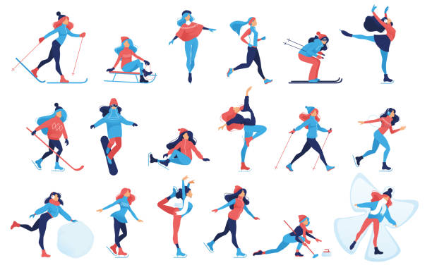 Set of Winter sport and recreation illustrations. Girls doing ice skating, skiing, snowboarding, girl on sledge, Hockey, curling, skier, simple skater, outdoor snow games, cartoon characters. Vector group of winter sport women. Isolated background making snow angels stock illustrations