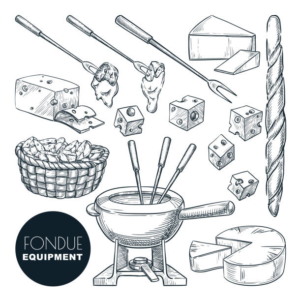 składniki i sprzęt do fondue serowego. wektor ręcznie rysowane ilustracji szkicu. kulinarne przepisy kulinarne lub elementy projektu menu - kociołek stock illustrations