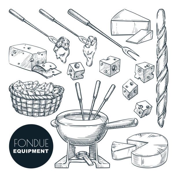 Cheese fondue ingredients and equipment. Vector hand drawn sketch illustration. Culinary recipes or menu design elements Cheese fondue fresh ingredients and equipment. Vector hand drawn sketch food illustration. Delicious gourmet french cuisine. Culinary meal recipes or restaurant menu design elements. swiss cheese slice stock illustrations