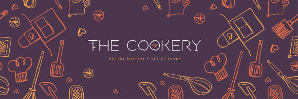 Cooking banners with hand drawing illustrations for restaurant Cooking courses banner. Cooking utensils vector. Vector templates for bakery shop background. chef patterns stock illustrations
