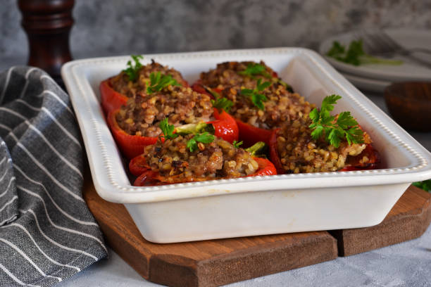 istock Baked paprika with meat on a concrete background. 1202794448