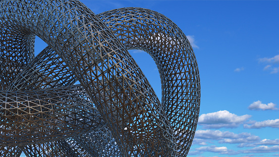 futuristic sculpture metal grid structure modern 3D illustration