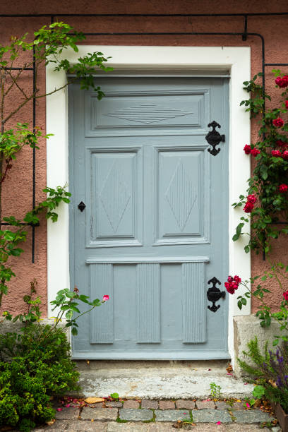 istock Blue Door with Rose bush 1202799454