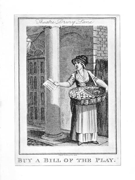 ilustrações, clipart, desenhos animados e ícones de mulher georgiana vendendo notas de teatro e frutas em drury lane london 1801 tirada sem livros infantis esquecidos de 1898 - drury lane