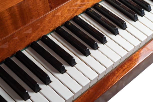 istock The keyboard of a brown upright piano on a white background. 1202801687