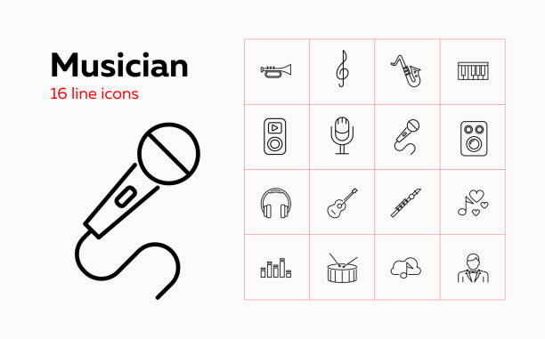 illustrations, cliparts, dessins animés et icônes de graphismes de musicien. ensemble d'icônes de ligne - flute musical instrument music key