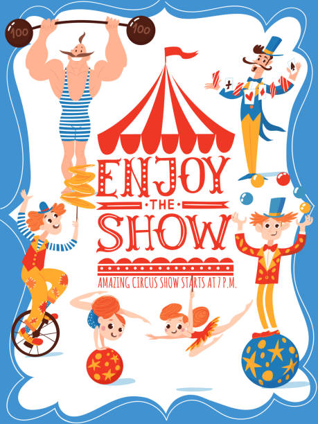 Cartel vectorial de circo con letras y personajes lindos de dibujos animados - ilustración de arte vectorial