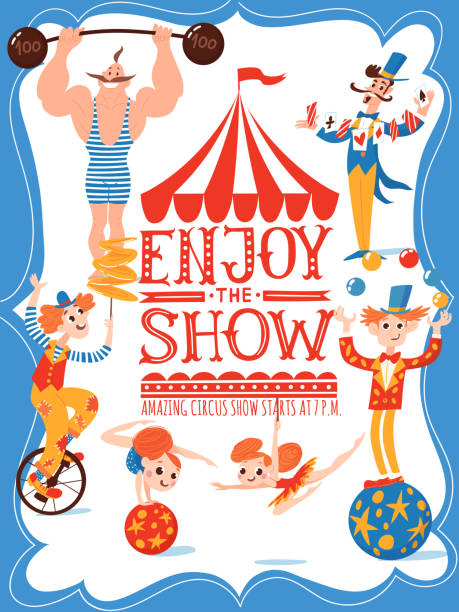 Circus vector poster with lettering and cartoon cute characters vector art illustration