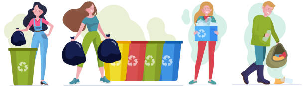 Waste sorting set Waste sorting set. People carrying bags with garbage to different trash bins flat vector illustration. Cleaning, recycling, ecology concept for banner, website design or landing web page landing touching down stock illustrations