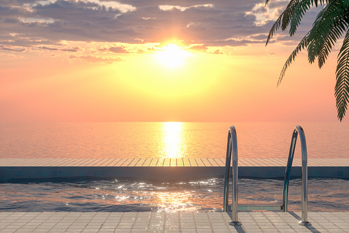 3d rendering of swimming pool, sea and palm tree. Summer Concept. Travel destinations.