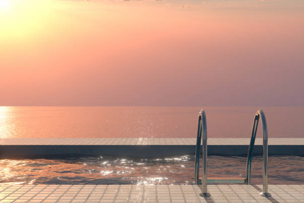 3d rendering of swimming pool and sea. Summer Concept. Travel destinations.