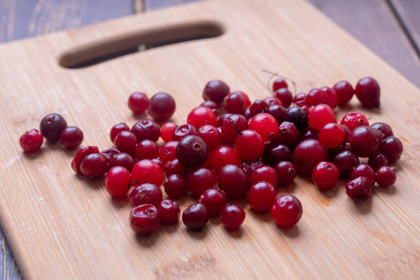 ripe, red cranberries growing in a swamp in the northern forests. Autumn harvest of wild berries