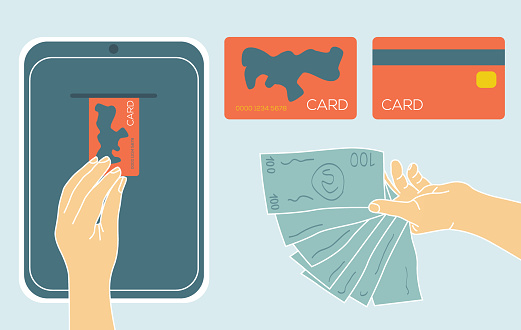 Illustration about money, business, bank loans, salary, pension, repayment savings. Hand with cash, dollars banknotes, bank card and online payment.