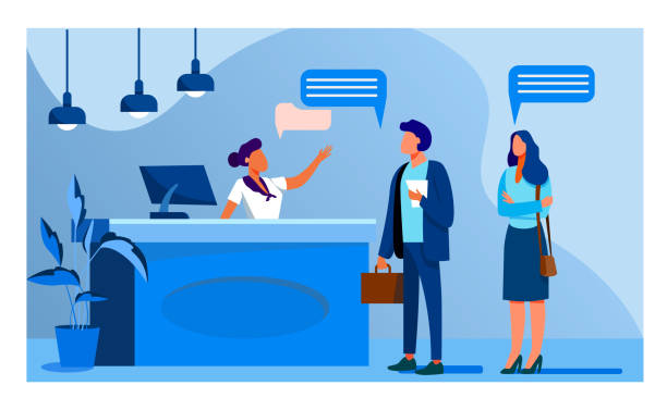 Receptionist job vector illustration Receptionist job vector illustration. Customers consulting manager at reception. Tourists checking in to hotel, standing at desk in lobby receptionist stock illustrations