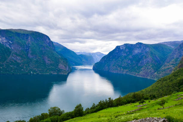 the landscape of aurlandsfjord in norway. - aurlandfjord imagens e fotografias de stock