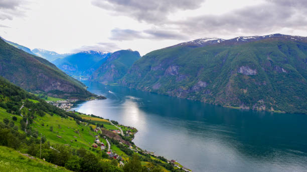 the landscape of aurlandsfjord in norway. - aurlandfjord imagens e fotografias de stock