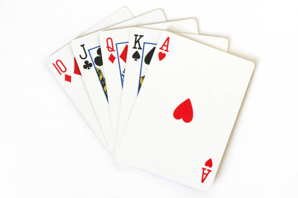 istock A straight hand in a poker game, playing cards on a white background, different suits 1202815888