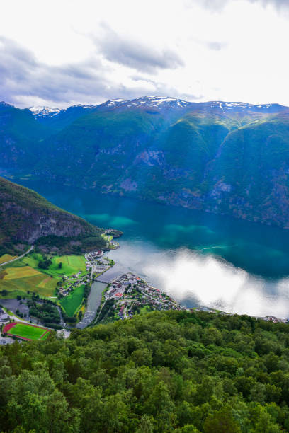 The landscape of Aurlandsfjord in Norway. Amazing sunshine landscape of the Aurlandsfjord and mountains, Norway. stegastein viewpoint stock pictures, royalty-free photos & images